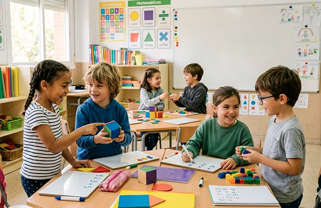 Niños realizando actividades de matemáticas y lógica con material educativo en el Centro Ingenio