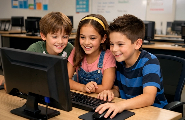 Estudiantes aprendiendo mecanografía y habilidades digitales en ordenador durante una clase de ofimática